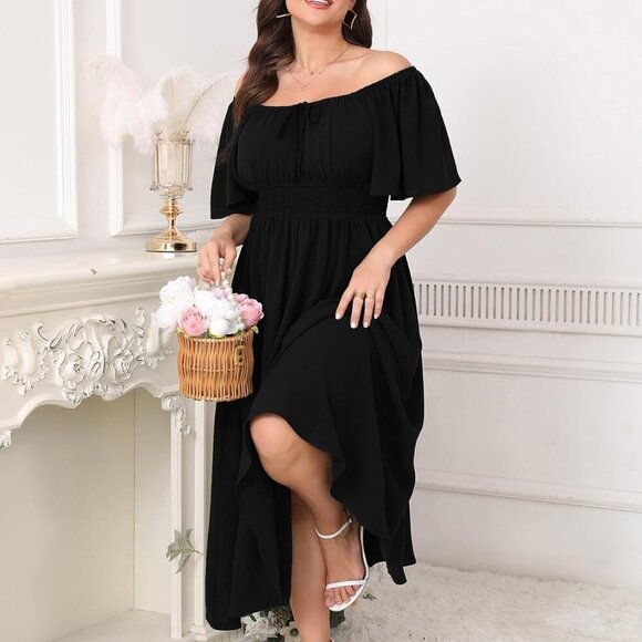 Plus Size Maxi Dress Polyester Short Sleeve Square Neck Smocked Boho Formal - Picture 5 of 6